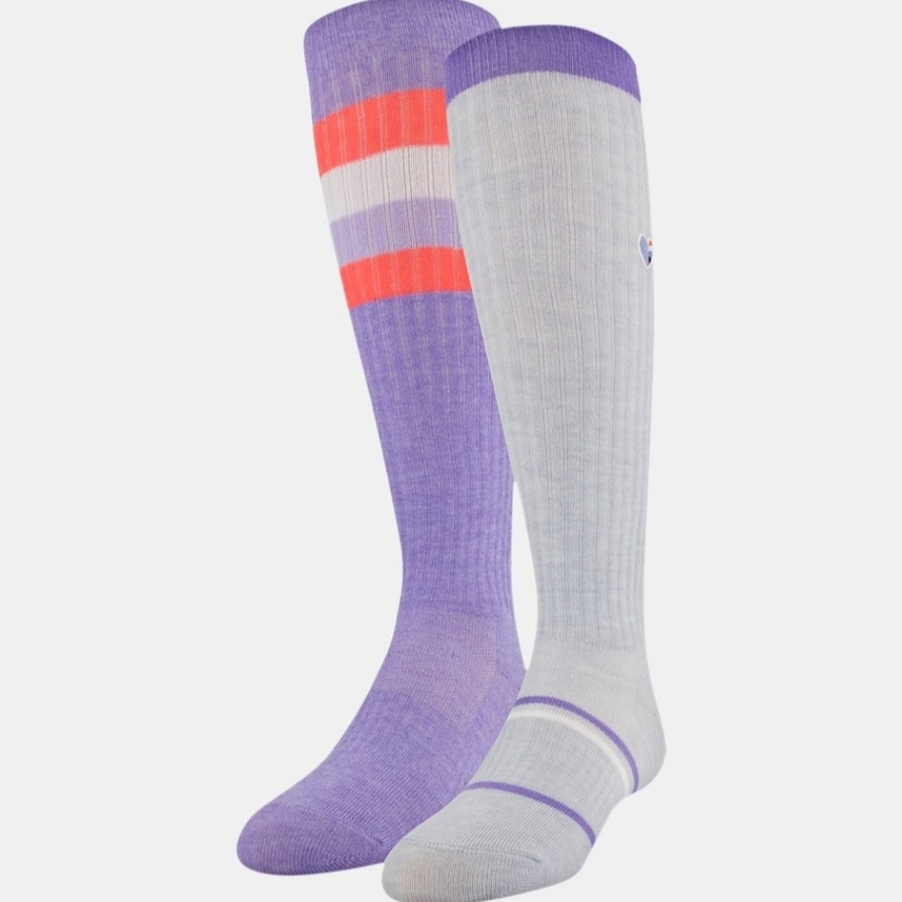 UNDER ARMOUR Girls Knee High Training Socks Purple Grey Striped 2 Pair 13.5 - 4Y